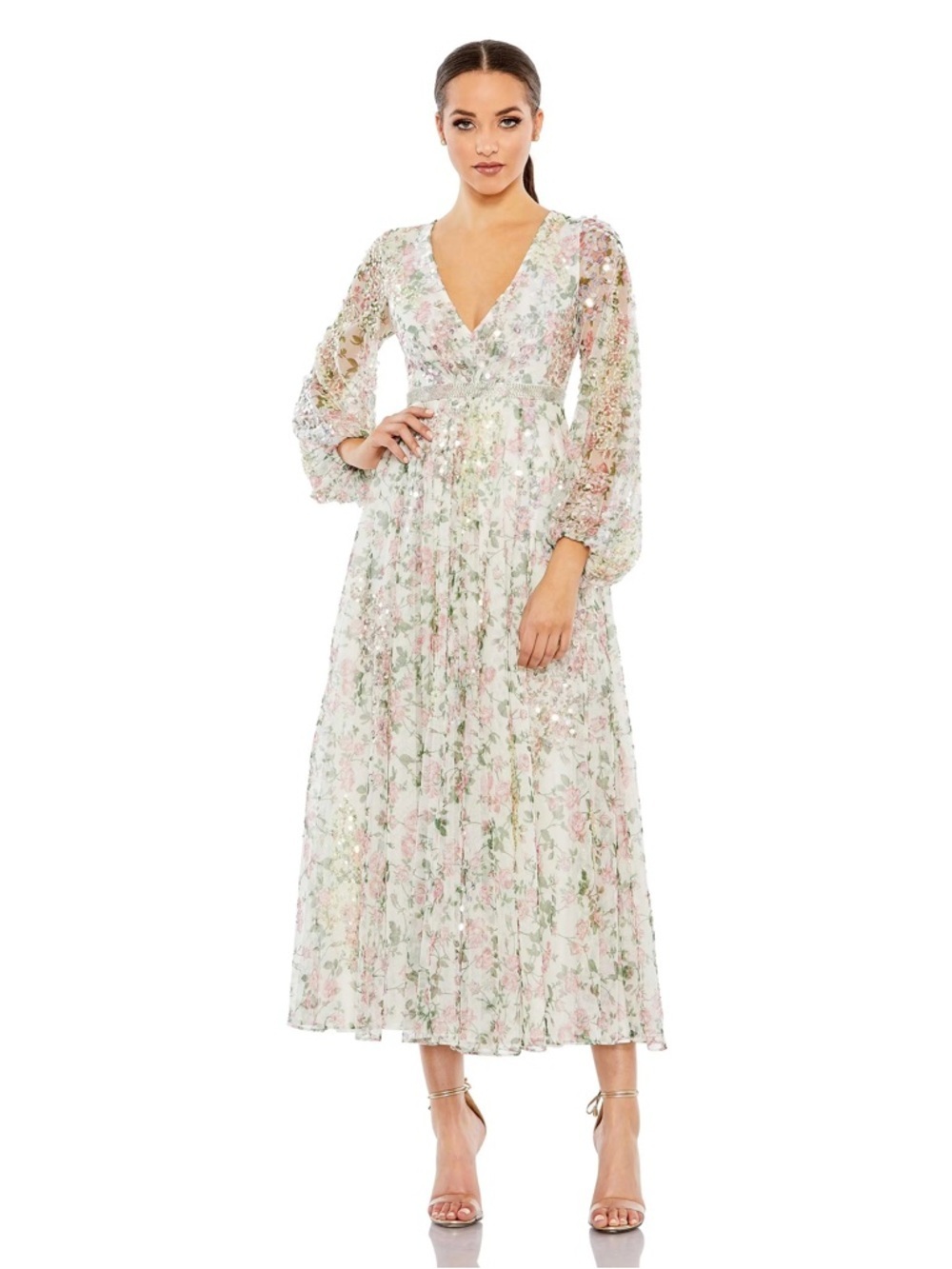 Mac Duggal 93788 White Embellished Floral Print Faux Wrap A Line Dress Sz 8 NWT